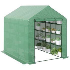 8x6x7 Walk-in Greenhouse, with Roll-up Zipper Door and Windows, 18 Shelves, PE Cover, UV protective for Garden, Green