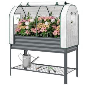 Galvanised Raised Garden Bed with Greenhouse Cover, Metal Elevated Garden Bed with Bed Liner, Bottom Shelf, Dark Gray