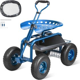 Garden Cart Rolling Workseat with Wheels, Gardening Stool for Planting, 360 Degree Swivel Seat, Wagon Scooter with Steering Handle & Utility Tool