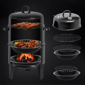16" 3-Tier Portable Charcoal Smoker Grill with Easy Temperature Control - Black Vertical Grill for Camping, Outdoor Cooking and Backyard Parties